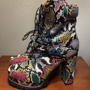 Liliana Women's Multi Colored Snake Skin Chunky High Heel Boots Size 8.5